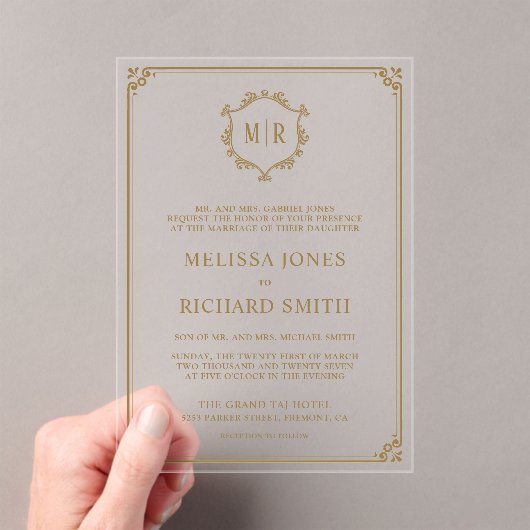 Invitations En Acrylique Mariage d'or monogramme minimum (In situ (ordinateur de poche))
