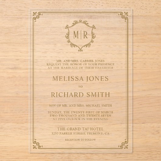 Invitations En Acrylique Mariage d'or monogramme minimum (Recto)