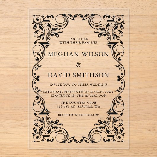 Invitations En Acrylique Mariage d'or noir rustique élégant (Recto)