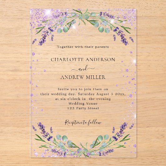 Invitations En Acrylique Mariage du soir de la Lavande eucalyptus (Recto)