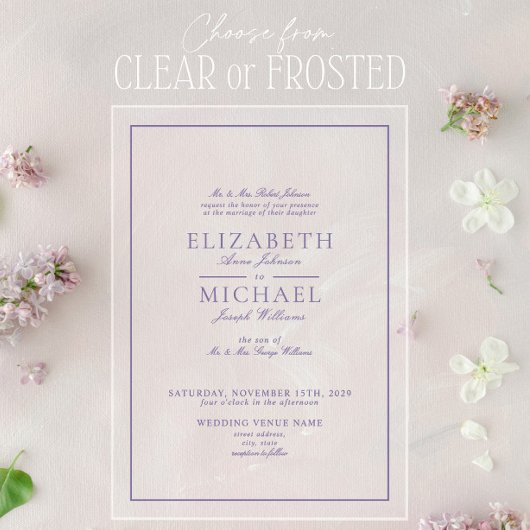 Invitations En Acrylique Mariage élégant à la lavande lilas en écriture cla