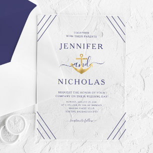 Invitations En Acrylique Mariage Élégant à l'Ancre Nautique