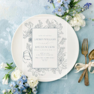 Invitations En Acrylique Mariage Élégant à l'Art en Ligne Floral Bleu Pouss