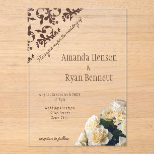 Invitations En Acrylique Mariage élégant à motif rococo de rose jaune