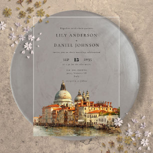 Invitations En Acrylique Mariage élégant à Venise avec vue sur la ville en 