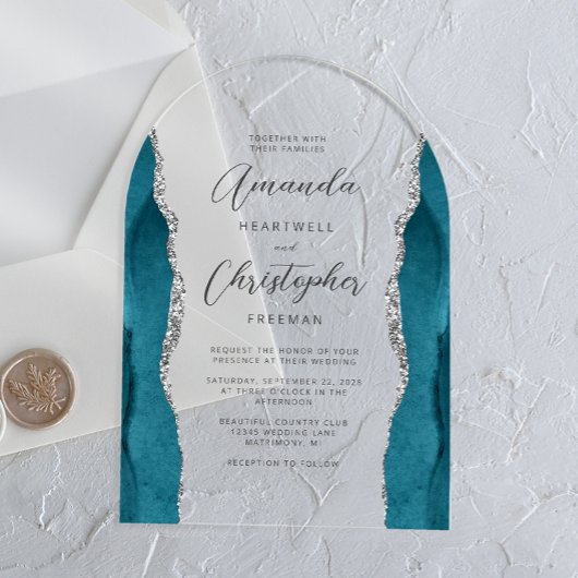 Invitations En Acrylique Mariage Élégant Arc de Style Script Agate Sarcelle
