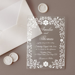 Invitations En Acrylique Mariage Élégant aux Fleurs Blanches