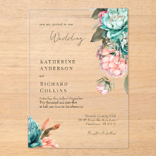 Invitations En Acrylique Mariage Élégant aux Pivoines de Teal et Corail
