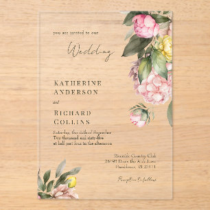 Invitations En Acrylique Mariage Élégant aux Pivoines Roses et Jaunes