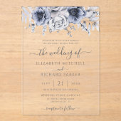 Invitations En Acrylique Mariage Élégant Bleu Dusty Et Floral Navy (Recto)