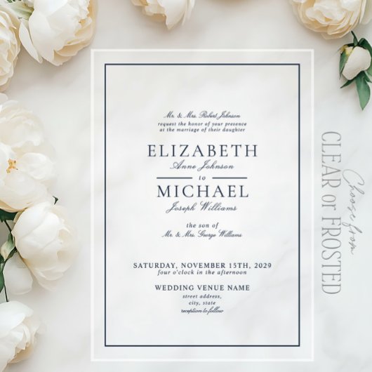 Invitations En Acrylique Mariage élégant bleu marine écriture classique