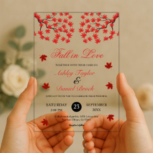 Invitations En Acrylique Mariage Élégant Bohème d'Automne aux Feuilles Roug