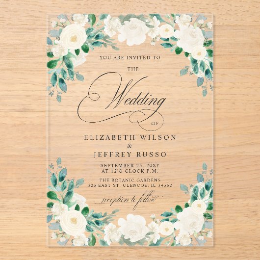 Invitations En Acrylique Mariage Élégant Bohème Été Printemps Ivoire Floral (Recto)