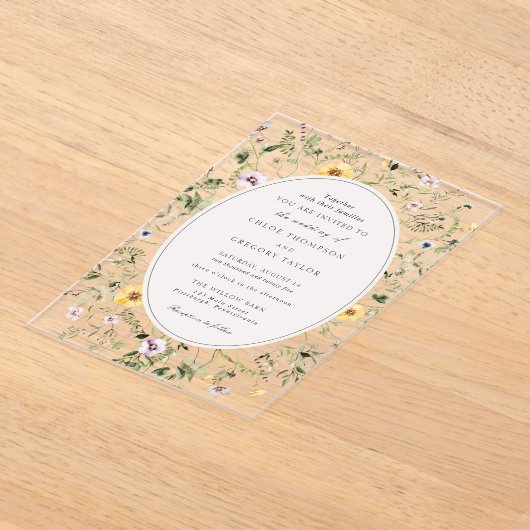 Invitations En Acrylique Mariage Élégant Bohème Fleur Jaune Verdure (Poser)