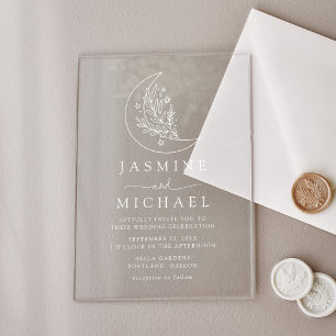 Invitations En Acrylique Mariage Élégant Botanique Lune et Étoiles