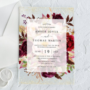 Invitations En Acrylique Mariage Élégant Bourgogne Or