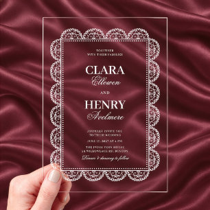 Invitations En Acrylique Mariage Élégant Cadre en Dentelle Blanche