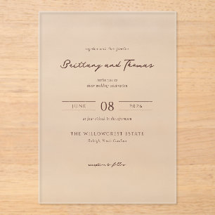 Invitations En Acrylique Mariage Élégant Calligraphie Beige