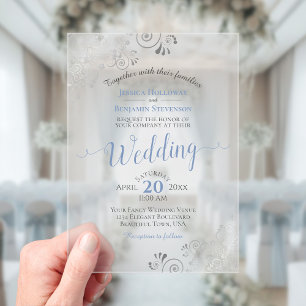 Invitations En Acrylique Mariage élégant calligraphié bleu poussiéreux et a