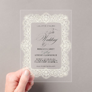 Invitations En Acrylique Mariage élégant calligraphié en dentelle blanche