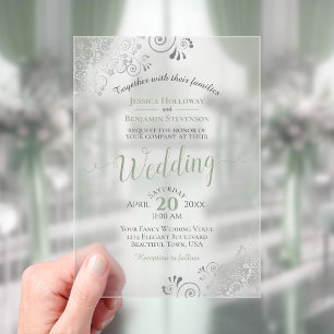 Invitations En Acrylique Mariage élégant calligraphié vert sauge et argent