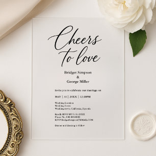 Invitations En Acrylique Mariage élégant Cheers to Love transparent noir