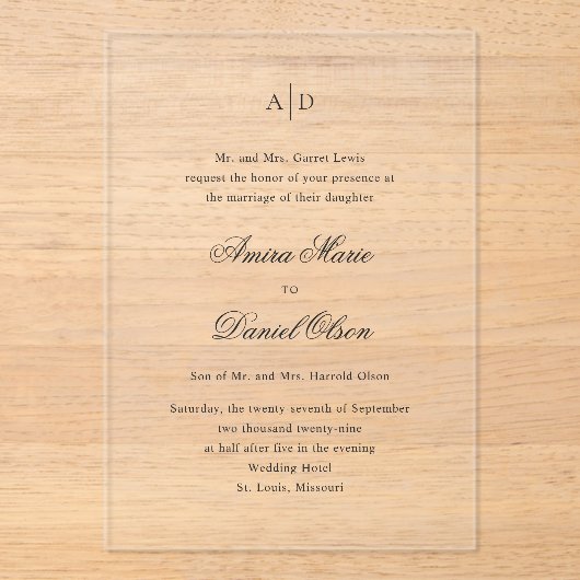 Invitations En Acrylique Mariage élégant d'Amira (Recto)