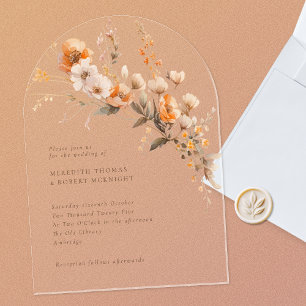 Invitations En Acrylique Mariage Élégant de Fleurs Sauvages Orange et Marro