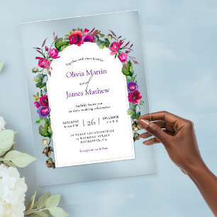 Invitations En Acrylique Mariage élégant de printemps été fleurs roses viol