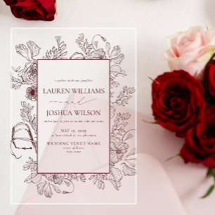 Invitations En Acrylique Mariage Élégant en Bourgogne avec Dessin Floral en
