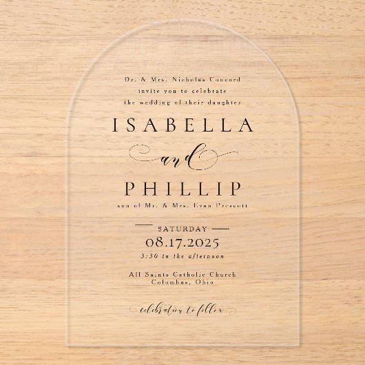 Invitations En Acrylique Mariage élégant en noir et blanc (Recto)