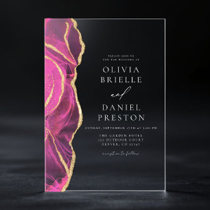 Invitations En Acrylique Mariage Élégant en Or Rose Moderne Agate