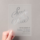 Invitations En Acrylique Mariage élégant Enregistrer la date Texte argenté  (In situ (ordinateur de poche))