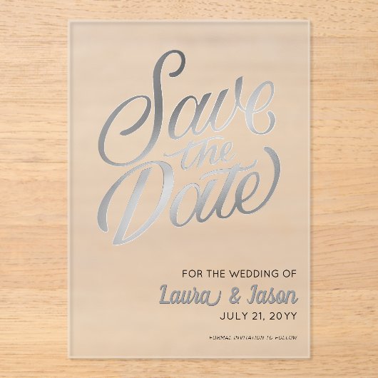 Invitations En Acrylique Mariage élégant Enregistrer la date Texte argenté  (Recto)