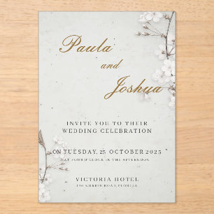Invitations En Acrylique Mariage Élégant Fleur de Cerisier Blanc et Écritur