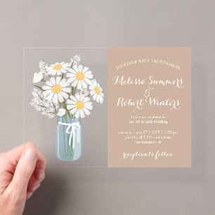Invitations En Acrylique Mariage Élégant Fleurs Blanches Jar Beige