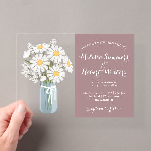 Invitations En Acrylique Mariage Élégant Fleurs Blanches Jar Mason Rosé Bru