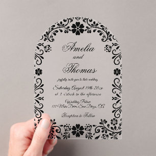 Invitations En Acrylique Mariage Élégant Fleurs Noir