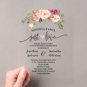 Invitations En Acrylique Mariage Élégant Fleurs Roses Rien de Fantaisiste J