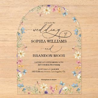 Invitations En Acrylique Mariage Élégant Fleurs Sauvages Papillon Romantiqu