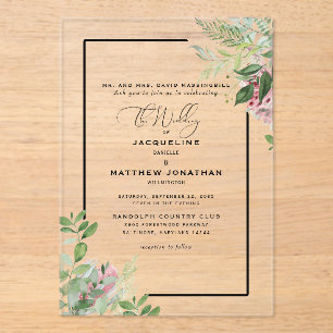 Invitations En Acrylique Mariage Élégant Fleurs Vertes Roses