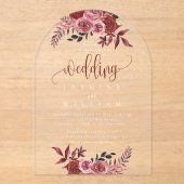 Invitations En Acrylique Mariage élégant floral de Bourgogne (Recto)