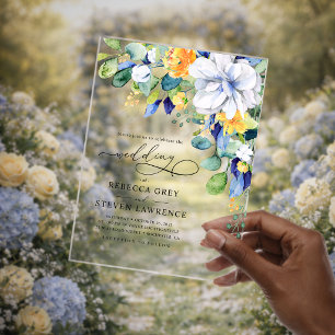 Invitations En Acrylique Mariage élégant floral jaune blanc bleu