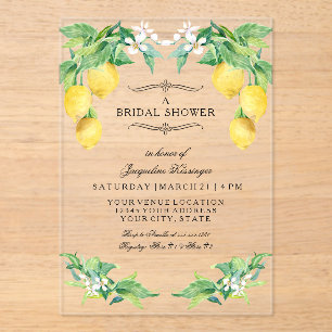 Invitations En Acrylique Mariage élégant moderne aux citrons floraux bleus