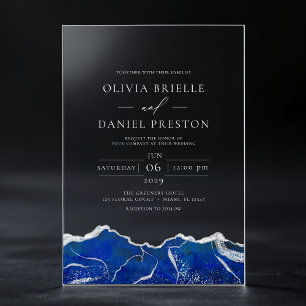 Invitations En Acrylique Mariage Élégant Moderne Bleu Royal Argent Agate
