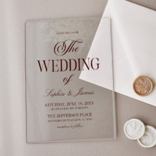 Invitations En Acrylique Mariage Élégant Moderne Burgundy Foncé