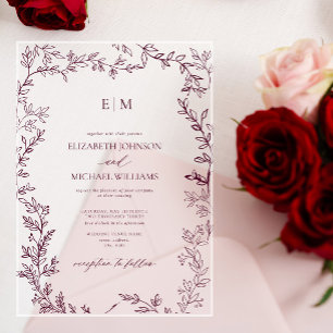 Invitations En Acrylique Mariage Élégant Monogramme Bourguignon à Feuille M