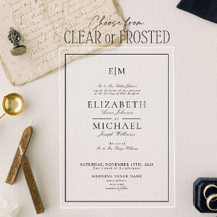 Invitations En Acrylique Mariage Élégant Monogramme Classique Blanc Noir