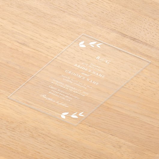 Invitations En Acrylique Mariage Élégant Monogramme de Feuilles transparent (Poser)
