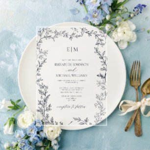 Invitations En Acrylique Mariage Élégant Monogramme Minimaliste Feuille Ble